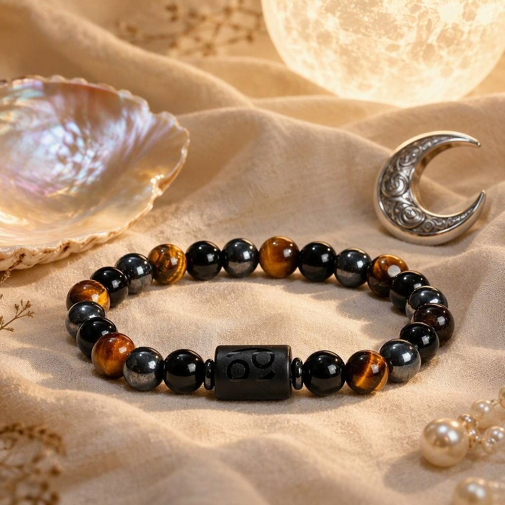 Cancer Zodiac Symbol Beaded Bracelet — styled