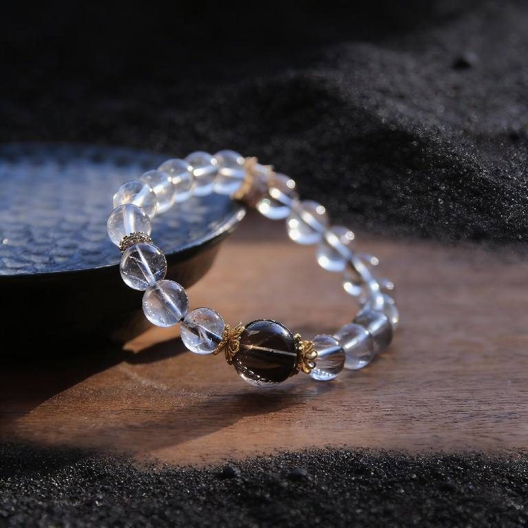 Minimalist Clear Smoky Quartz Healing Crystal Bracelet — styled
