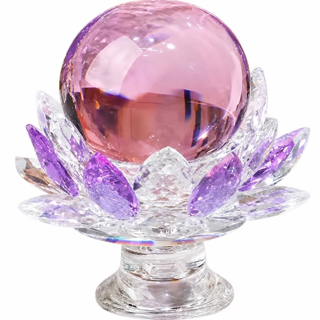 Pink Crystal Sphere With Crystal Lotus Base For Love And Relationships
