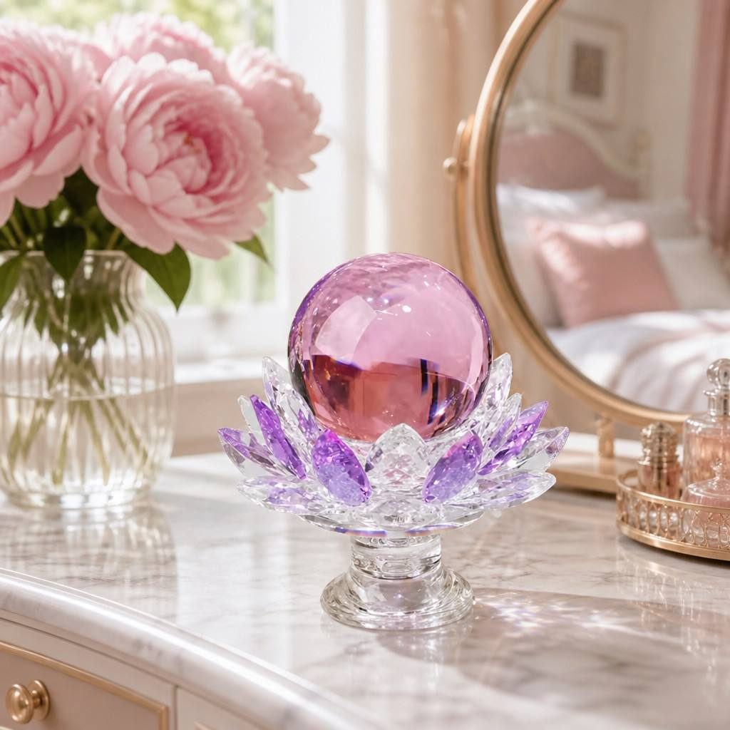 Pink Crystal Sphere With Crystal Lotus Base For Love And Relationships — alternate