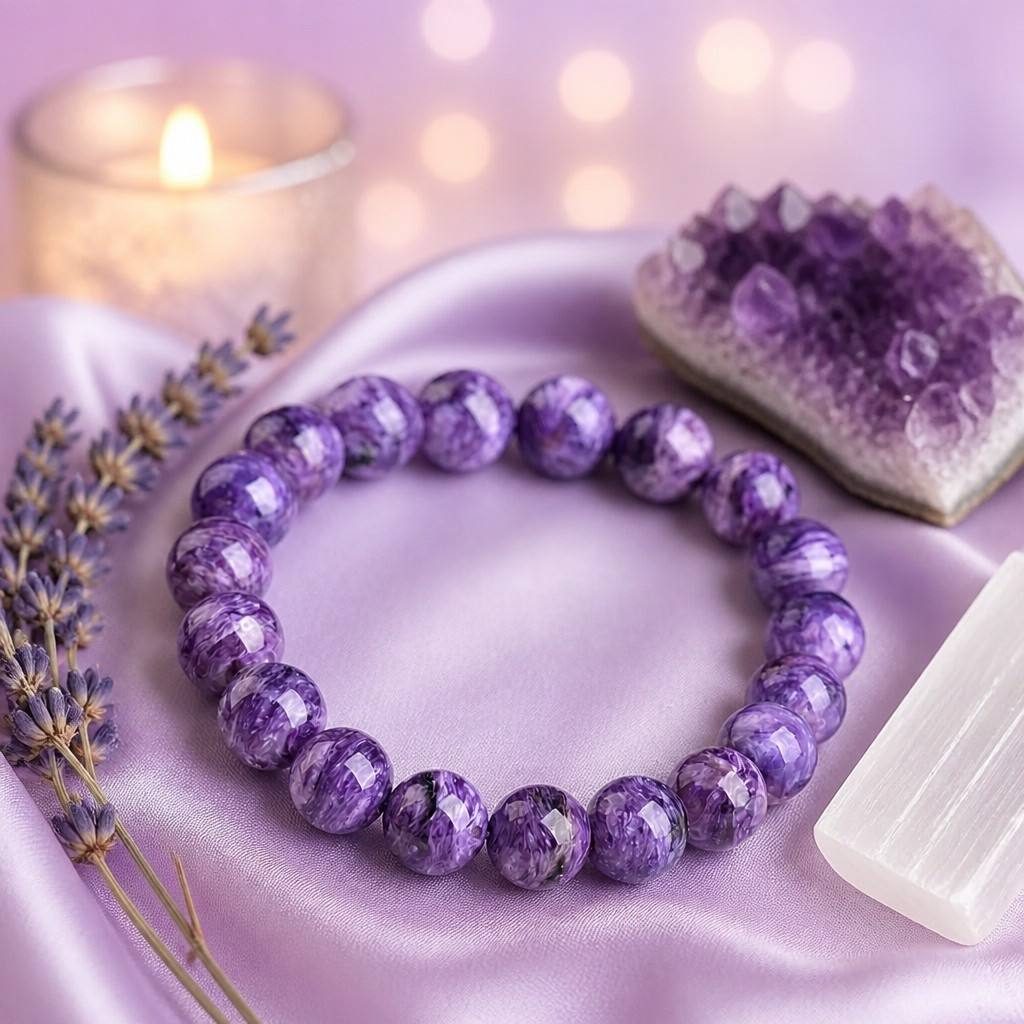 Charoite Round Bead Bracelet For Spiritual Growth And Calm — styled