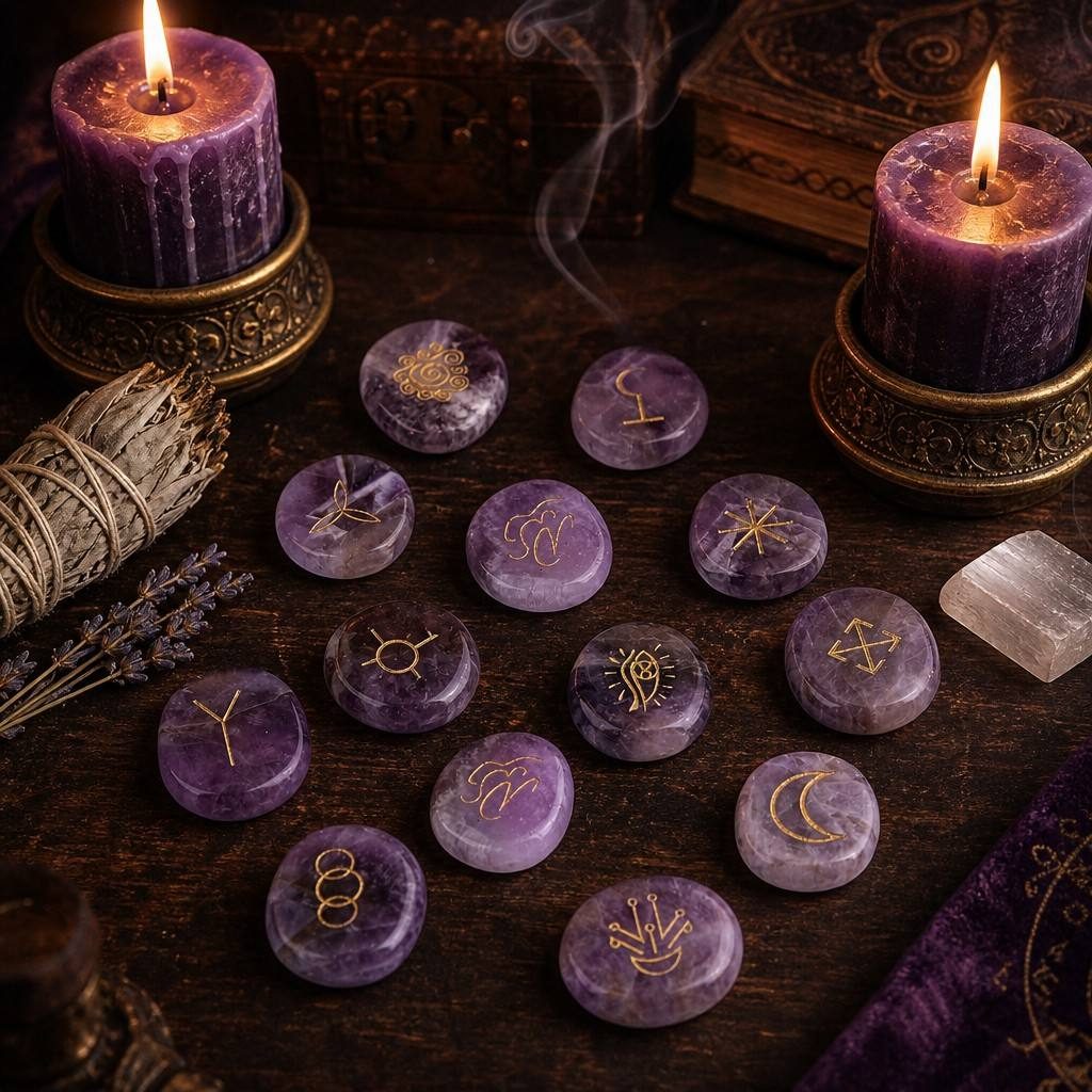 Amethyst Witches Runes Set For Wisdom And Focus — styled