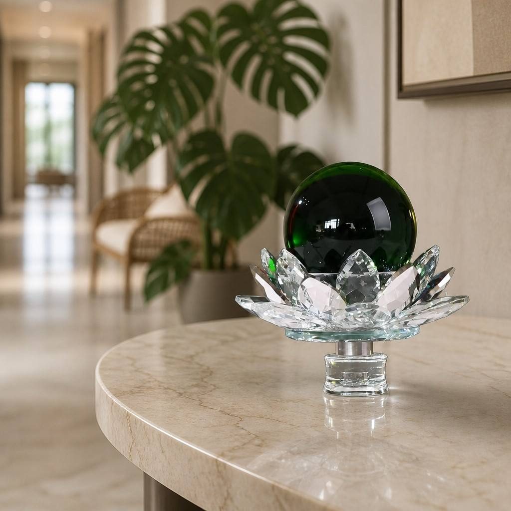 Green Crystal Sphere With Crystal Lotus Base For Protection And Stability — styled