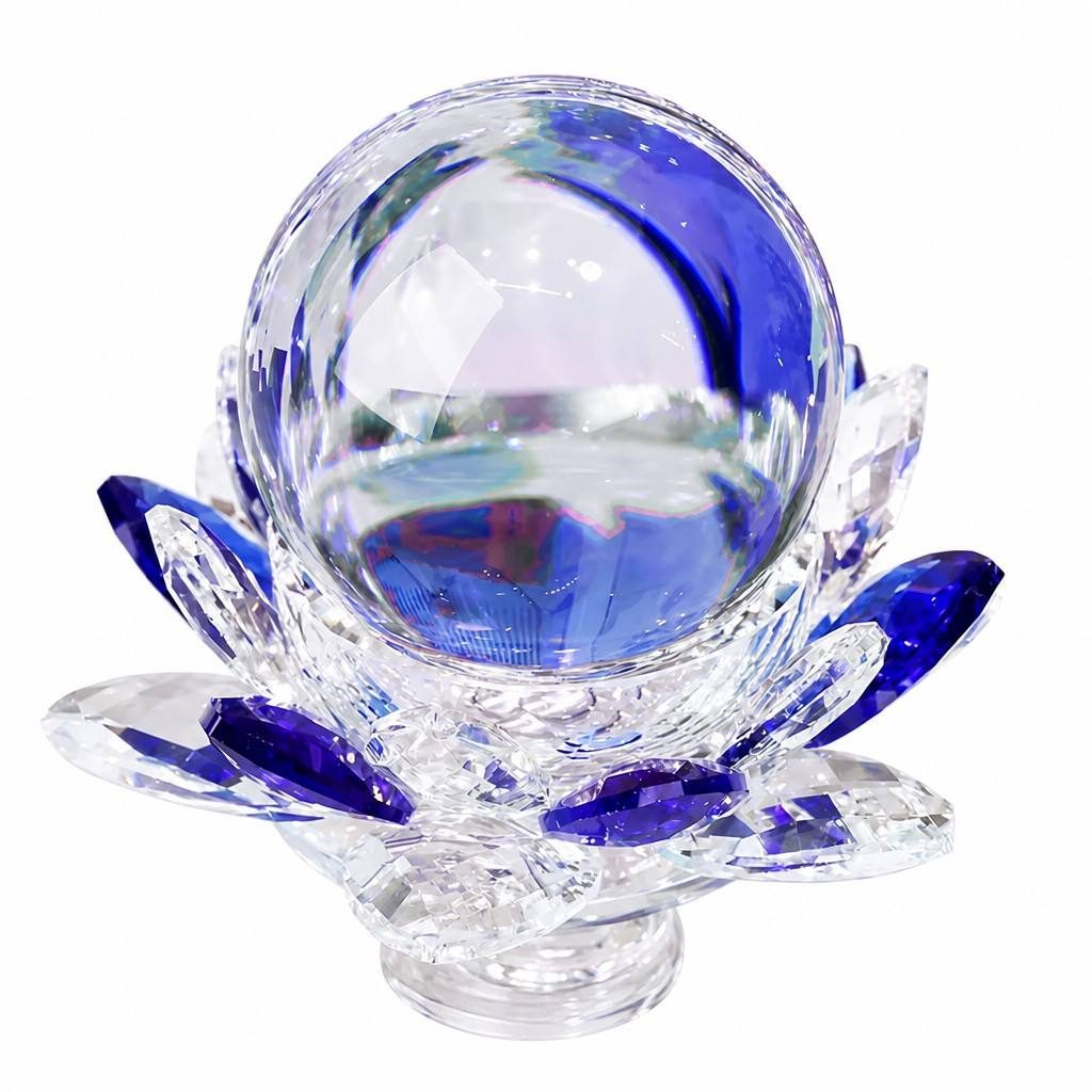 Blue Crystal Sphere With Crystal Lotus Base For Wisdom And Focus