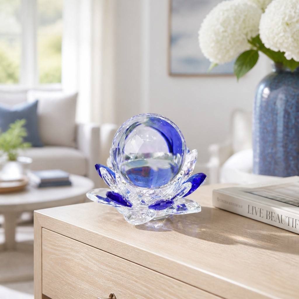 Blue Crystal Sphere With Crystal Lotus Base For Wisdom And Focus — styled