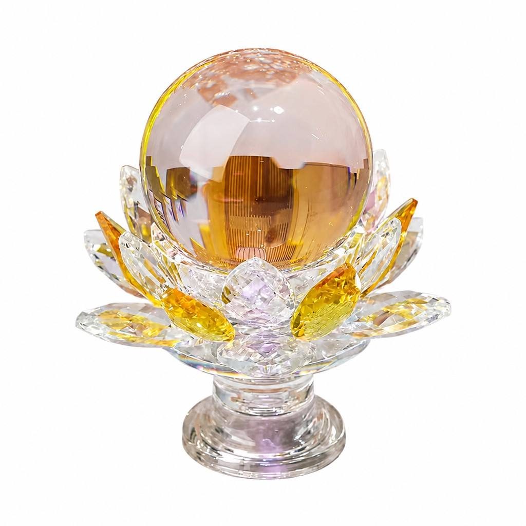 Yellow Crystal Sphere With Crystal Lotus Base For Wealth And Career