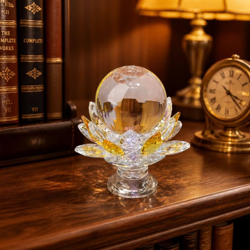Yellow Crystal Sphere With Crystal Lotus Base For Wealth And Career — styled