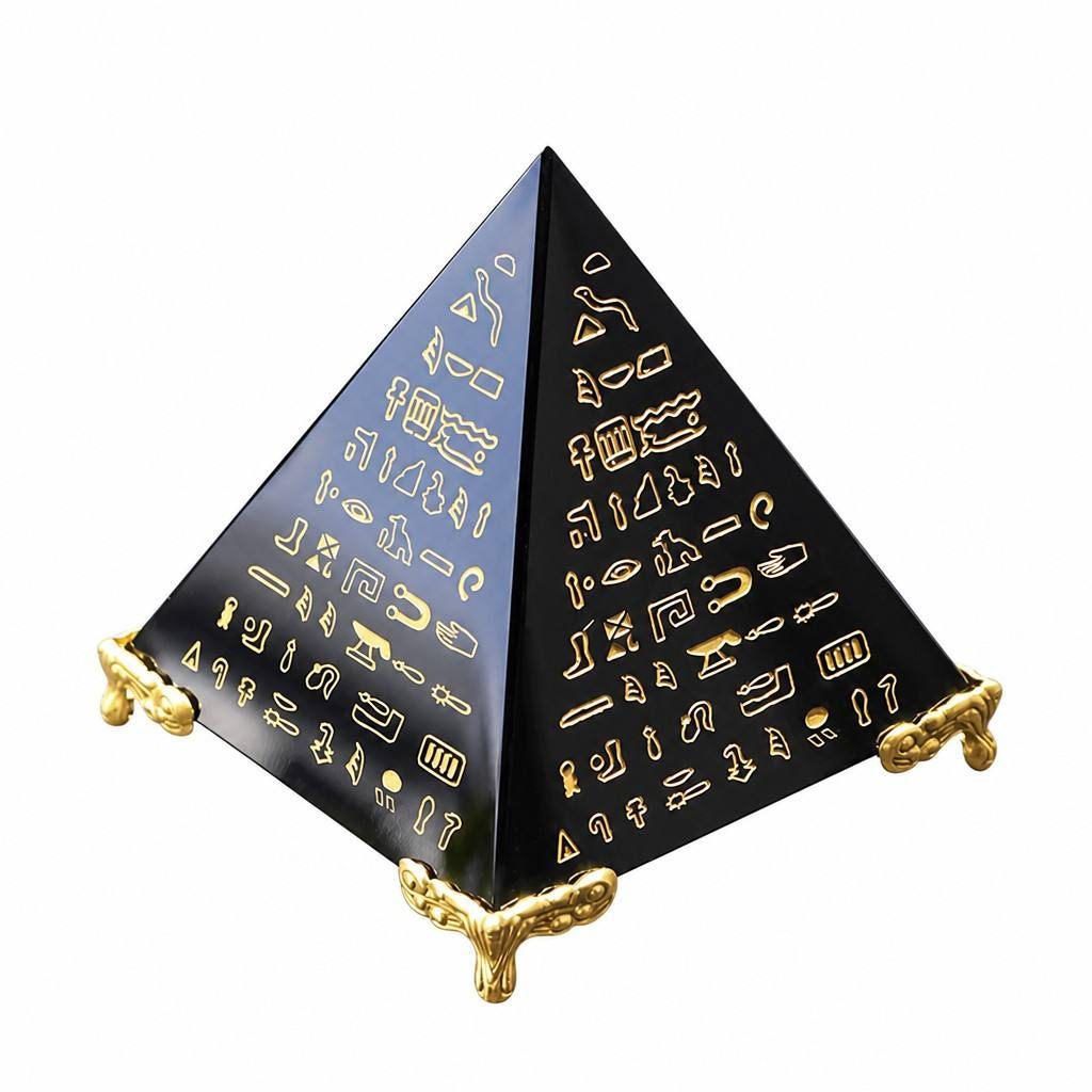 Obsidian Pyramid With Egyptian Hieroglyphs For Protection And Stability