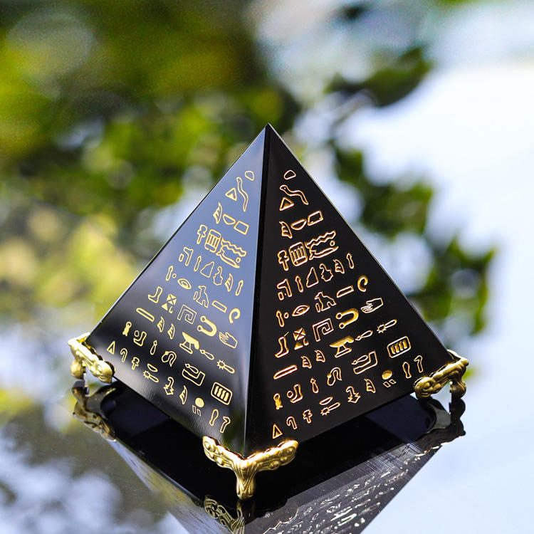 Obsidian Pyramid With Egyptian Hieroglyphs For Protection And Stability — styled