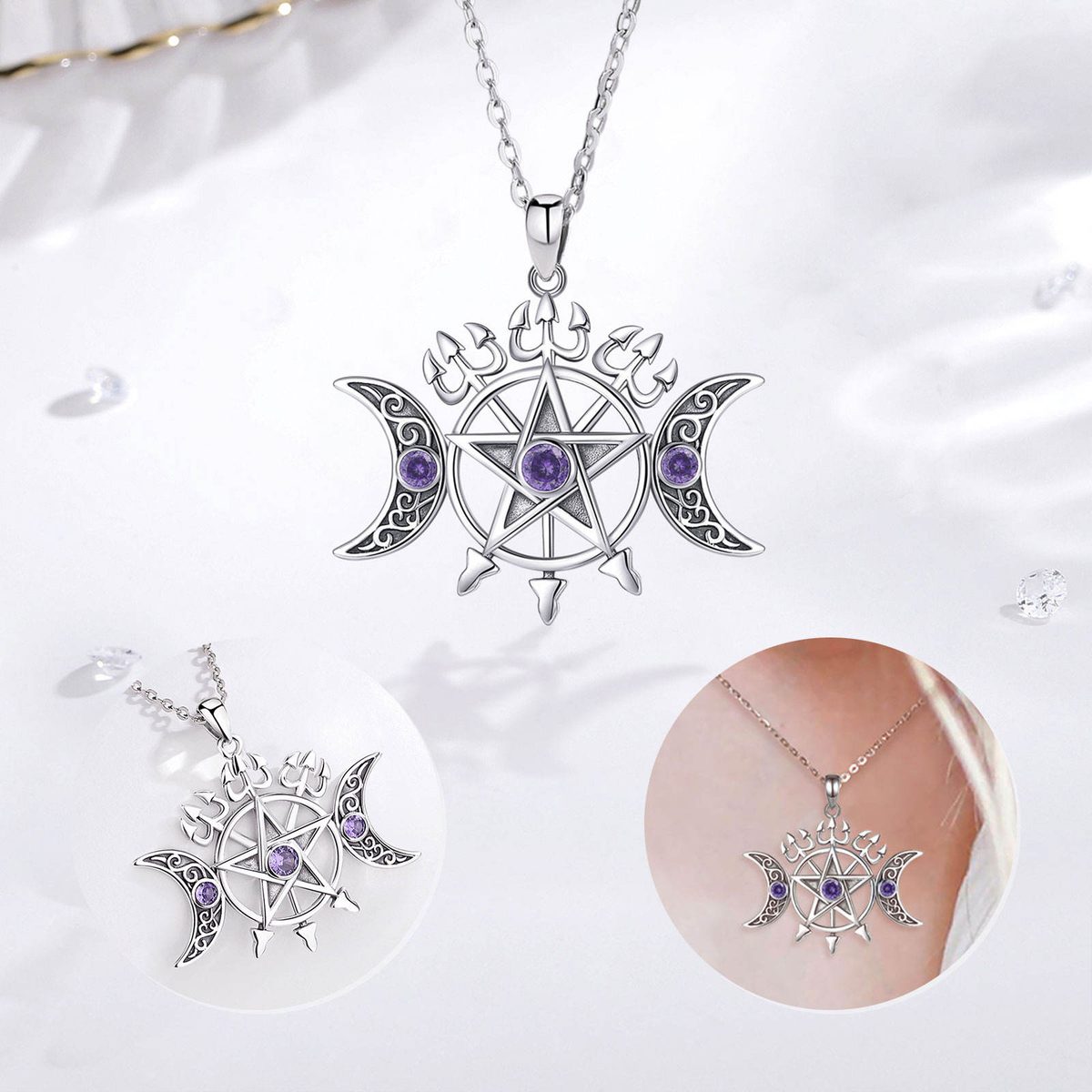 Wiccan Triple Moon Pentagram Necklace — styled