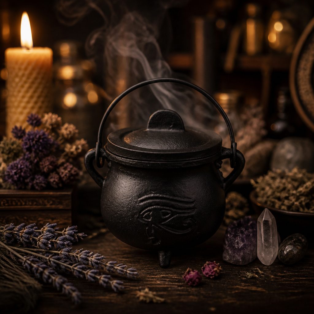 Eye of Horus Cast Iron Witch Cauldron With Lid for Altar Ritual — styled