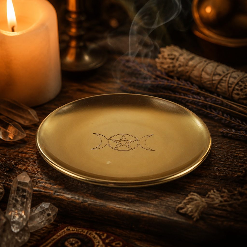 Triple Moon Pentacle Brass Altar Tray Witch Ritual Offering Plate — styled