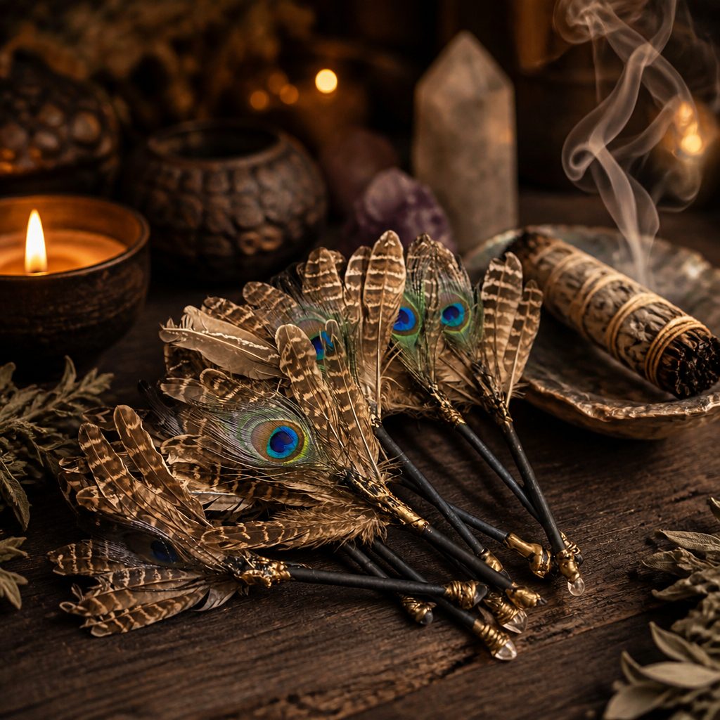 Natural Peacock Feather Witch Smudge Wand For Ritual Cleansing — styled