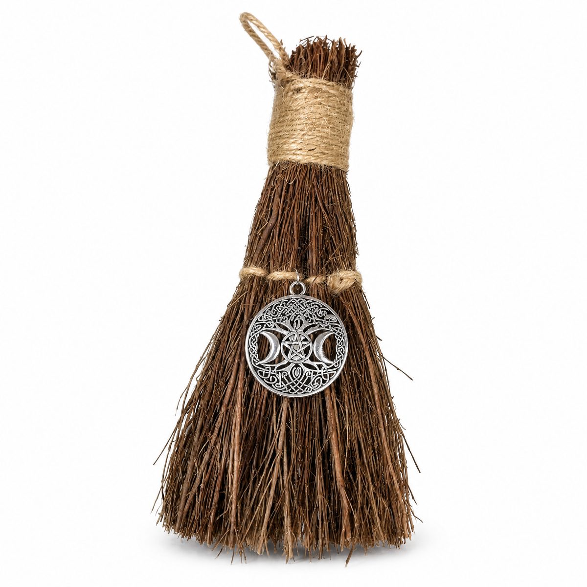 Natural Mini Witch Broom With Triple Moon Pentacle Tree Of Life Charm For Altar Cleansing