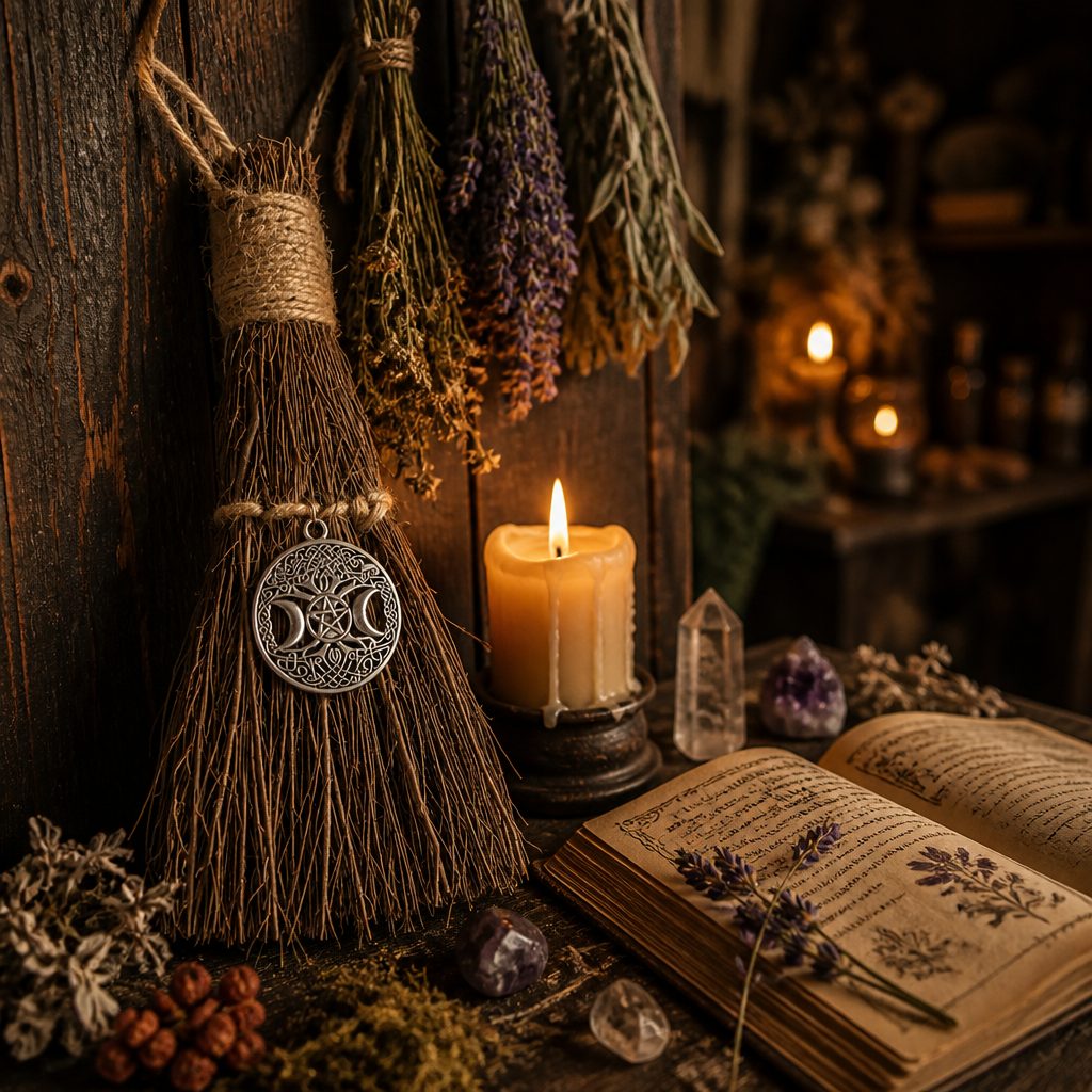 Natural Mini Witch Broom With Triple Moon Pentacle Tree Of Life Charm For Altar Cleansing — styled
