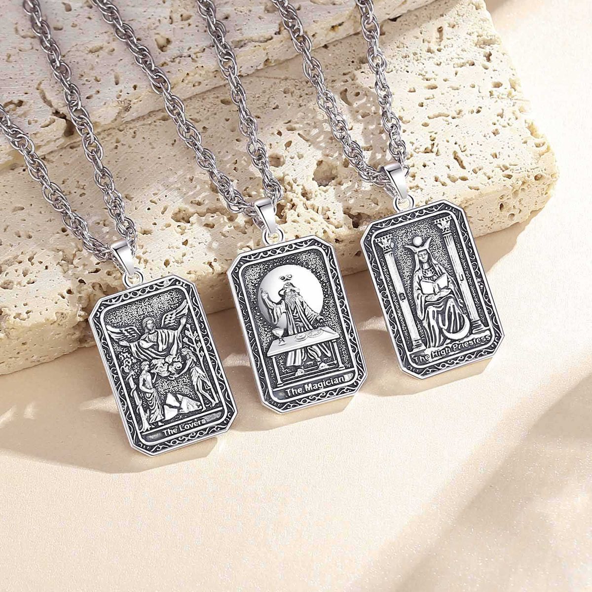 Vintage Silver Major Arcana Tarot Card Necklace — styled