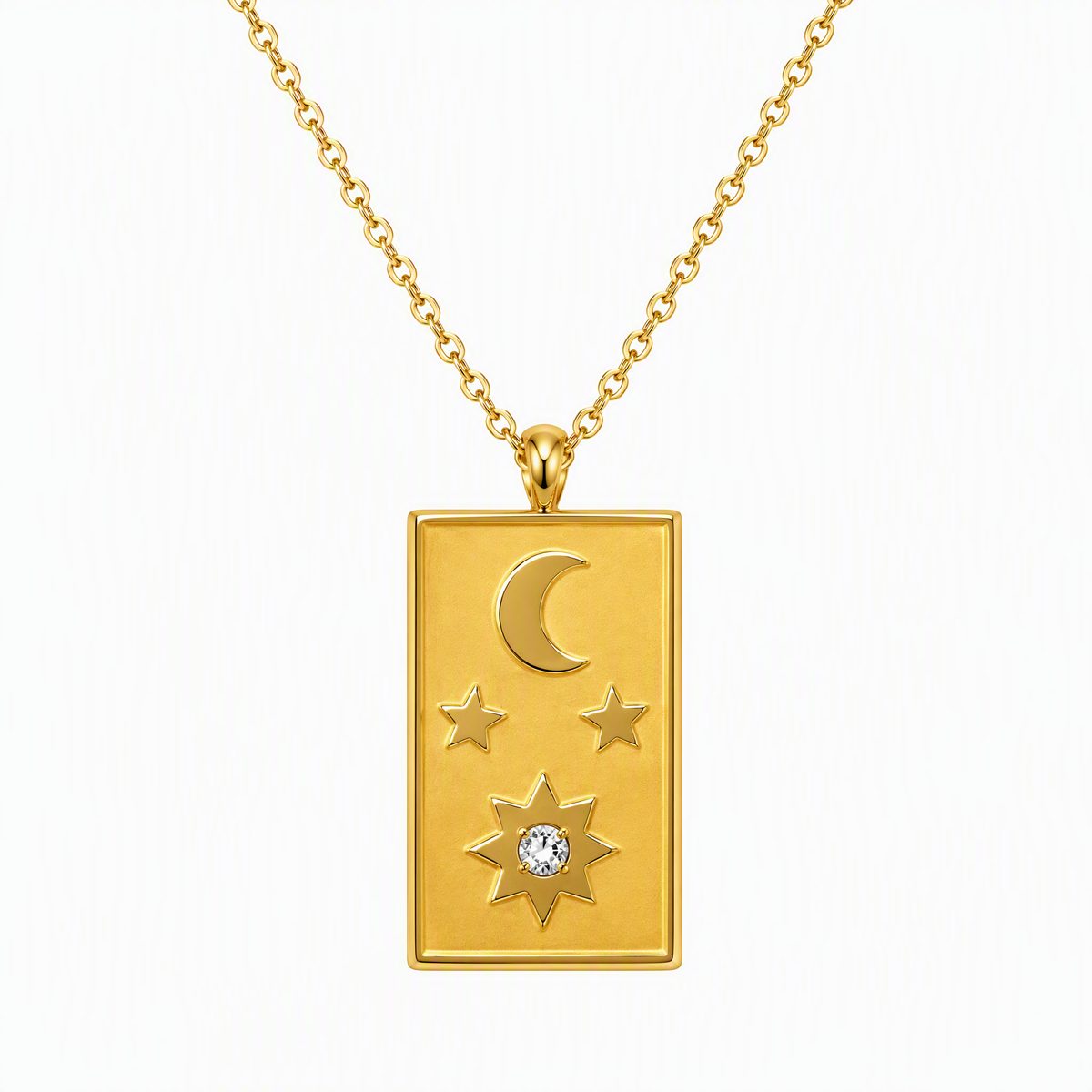 Gold Plated Engraved Moon Sun Star Zircon Rectangular Pendant