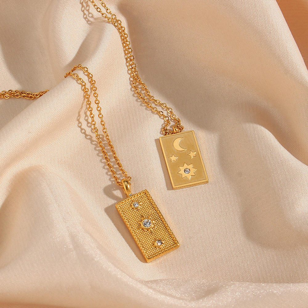 Gold Plated Engraved Moon Sun Star Zircon Rectangular Pendant — styled