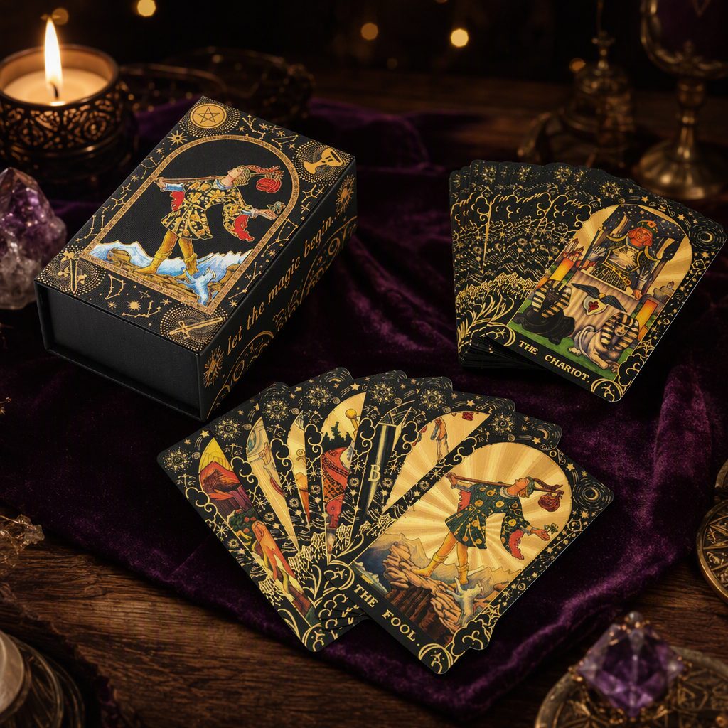 Mystic Witch Divination Black Gold Gilded Rider Waite Tarot Deck Set — styled