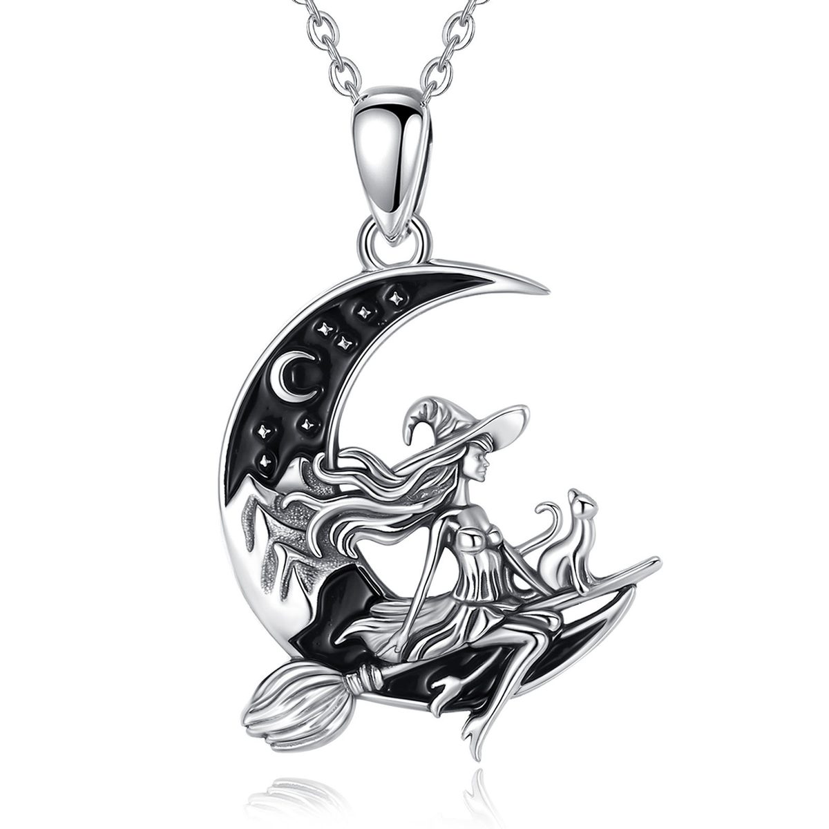 Crescent Moon Witch Black Cat Broom Pendant