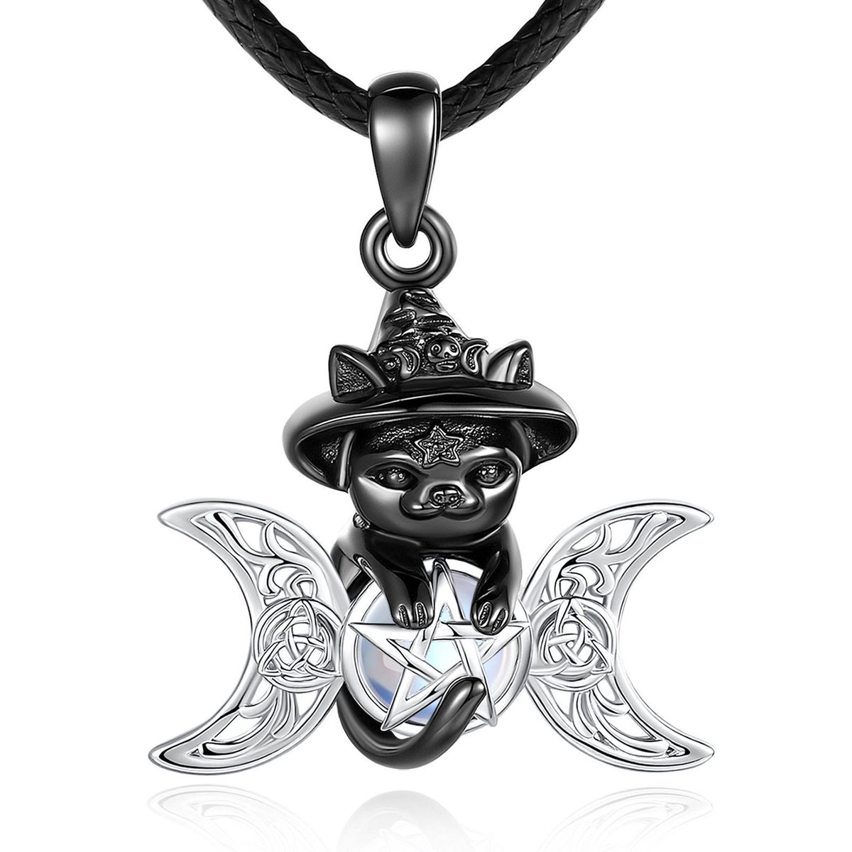 Wicca Triple Moon Celtic Knot Black Witch Cat Amulet Necklace