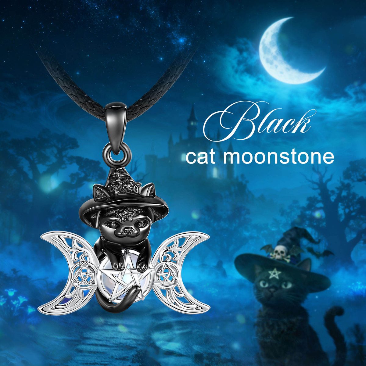 Wicca Triple Moon Celtic Knot Black Witch Cat Amulet Necklace — alternate