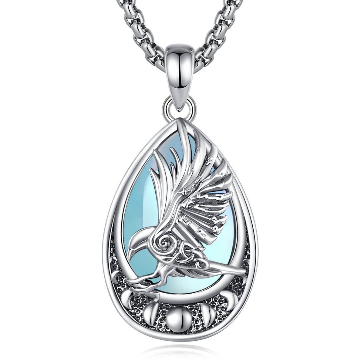 Wicca Celtic Knot Raven Lunar Phase Moonstone Amulet Necklace