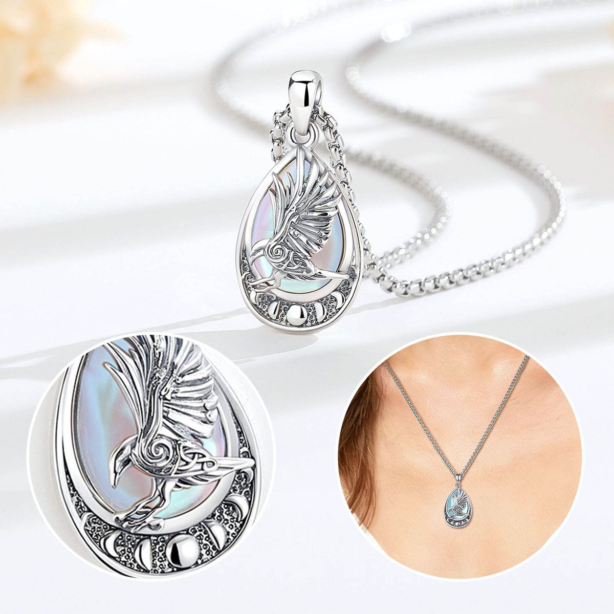 Wicca Celtic Knot Raven Lunar Phase Moonstone Amulet Necklace — alternate