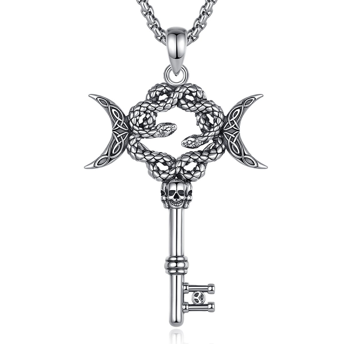 Triple Moon Ouroboros Skull Key Necklace