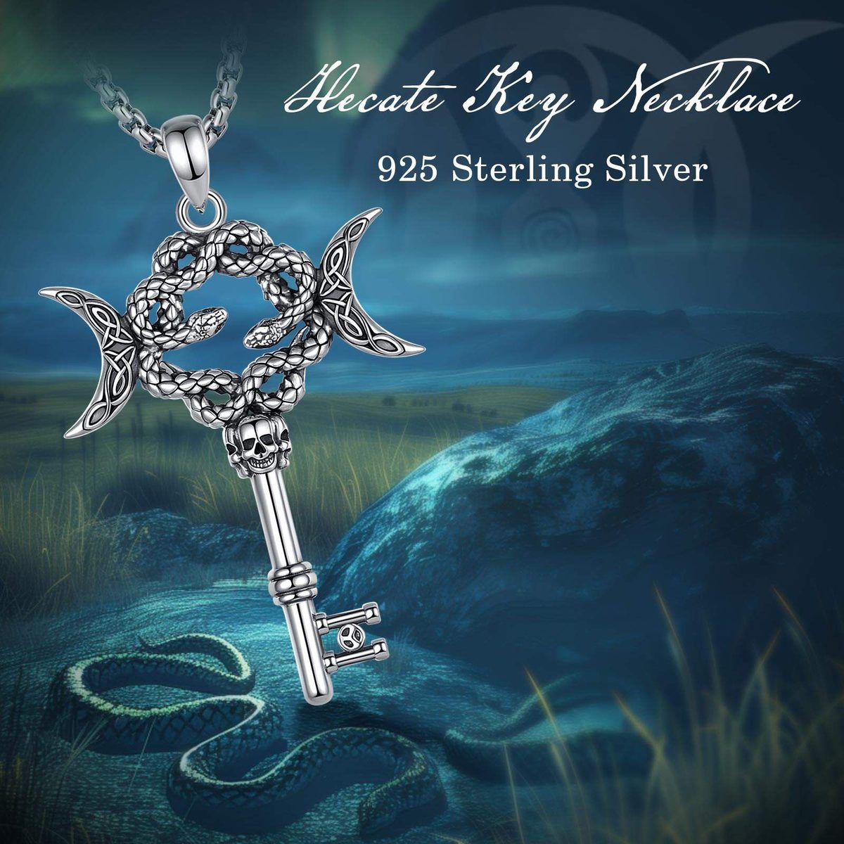 Triple Moon Ouroboros Skull Key Necklace — alternate