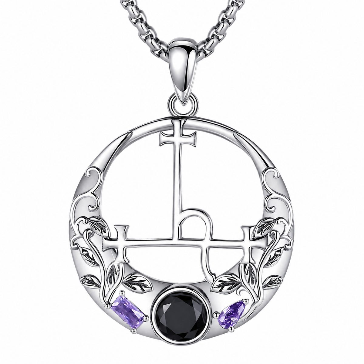 Sigil of Lilith Crescent Moon Vine Black Spinel Amethyst Pendant