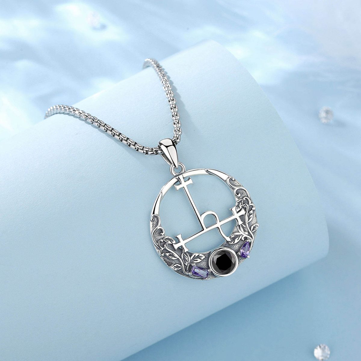 Sigil of Lilith Crescent Moon Vine Black Spinel Amethyst Pendant — styled