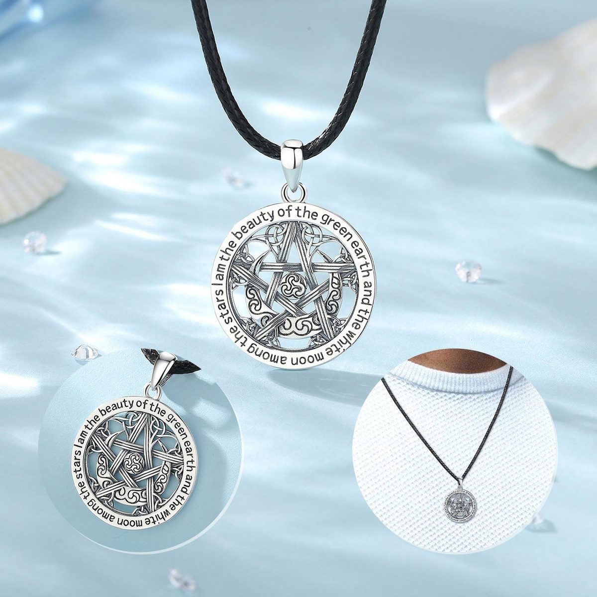 Wicca Celtic Pentagram Text Necklace — styled