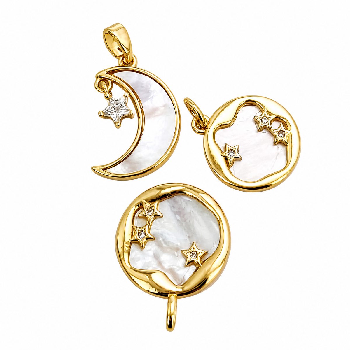 Gold Plated White Shell Moon Star Zircon Charm