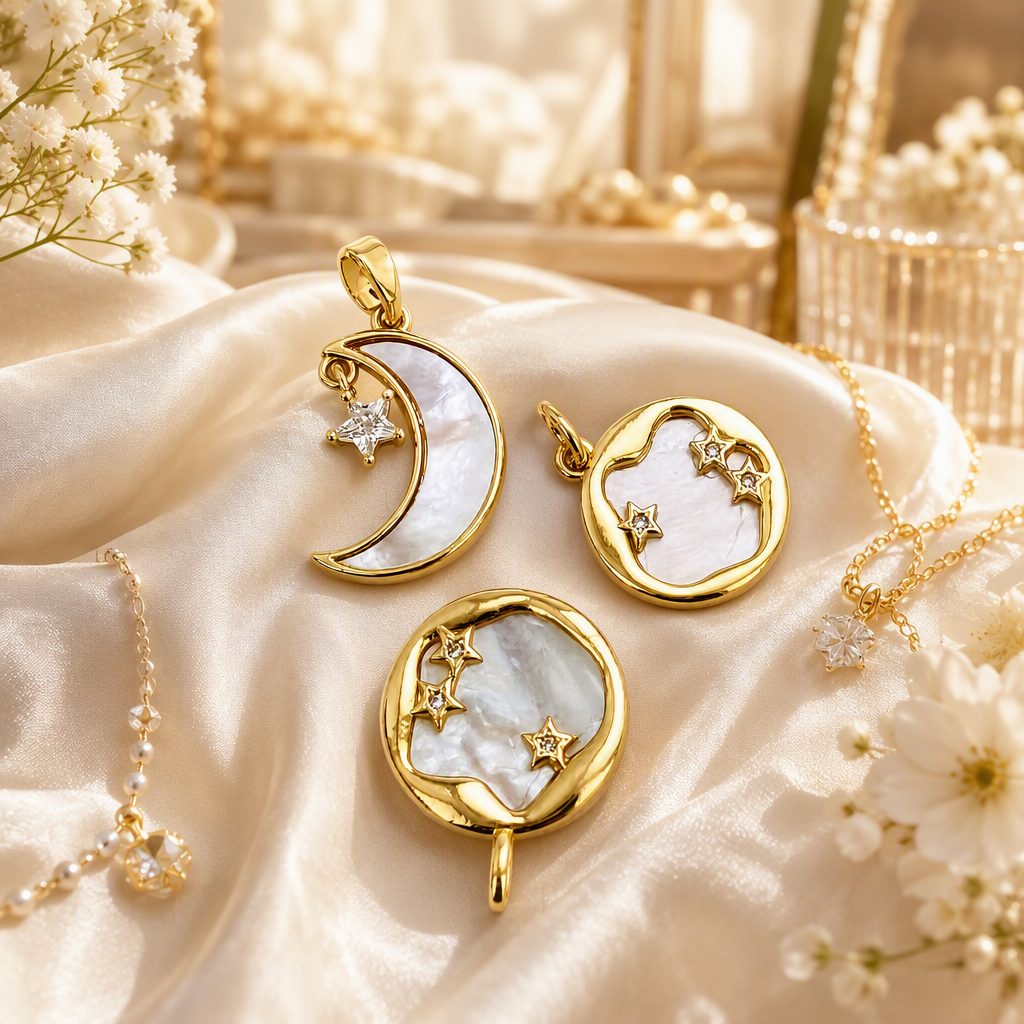 Gold Plated White Shell Moon Star Zircon Charm — alternate