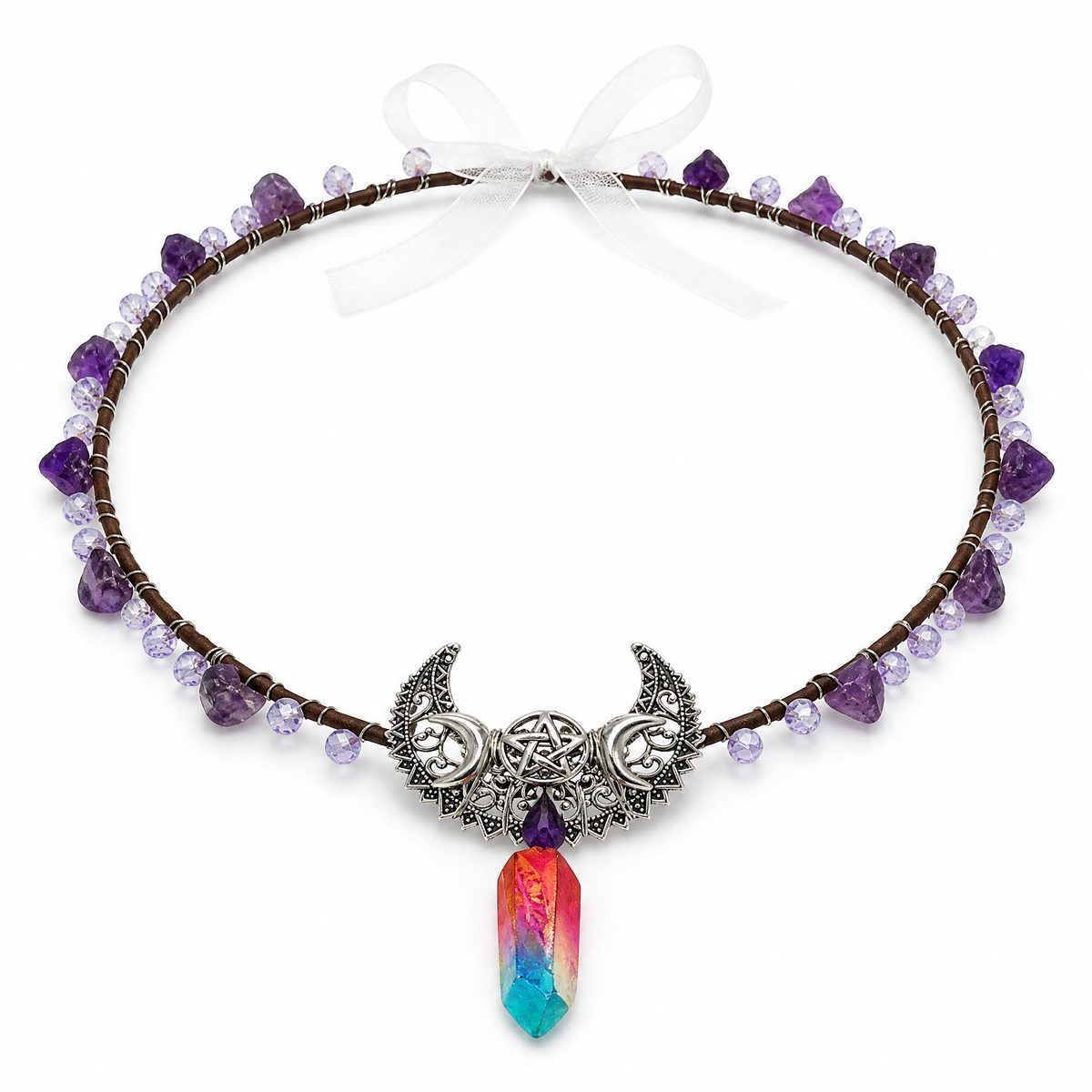 Triple Moon Pentacle Amethyst Raw Crystal Witch Headband With Ribbon