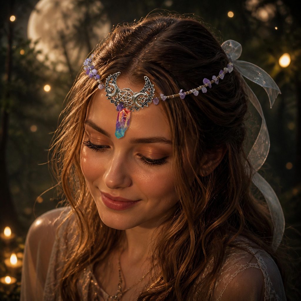 Triple Moon Pentacle Amethyst Raw Crystal Witch Headband With Ribbon — alternate